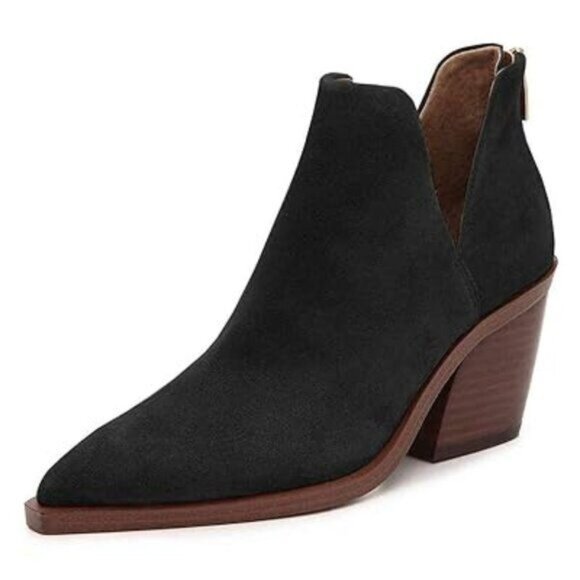 YDN Black Chic Stacked Chunky Mid High Heels Ankle Bootie Pointy Toe Pumps Shoes - Picture 1 of 8